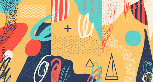 Creative doodle art header with different shapes and textures. Collage. Vector