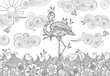 Coloring page with doodle style flamingo in the river.