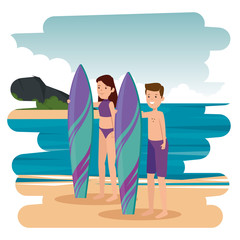 Canvas Print - happy athletic couple practicing surf in the sea