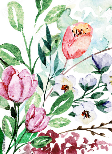 Floral background with watercolor flowers, bright summer floral design, hand ...