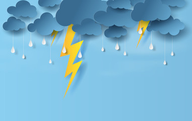 Wall Mural - illustration of landscape view with black cloud and yellow lighting on blue sky.rainy season in sea 