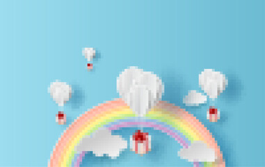 Wall Mural - illustration summer season landscape with a rainbow on blue sky background. balloons gift floating o
