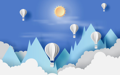 Wall Mural - illustration of cloudscape mountain view with hot air white balloons float up in the blue sky sunlig