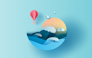 Wall Mural - illustration of travel in holiday summer season circle concept. graphic design balloon paper cut sty