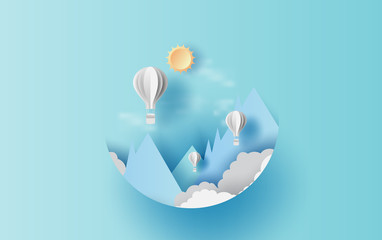 Wall Mural - illustration of cloudscape mountain view with hot air white balloons float up in the blue sky sunlig