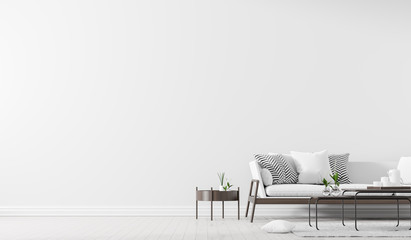scandinavian style interior with sofa and coffe table. empty wall mock up in minimalist interior. 3d