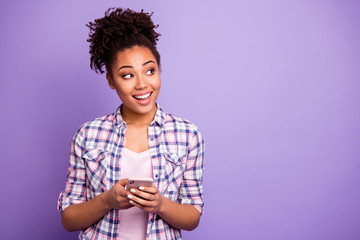 Poster - Portrait cute interested inspired hipster smm use device search information read blog blogger chatting contemplate thoughts beautiful checkered stylish trendy shirt top-knot isolated purple background