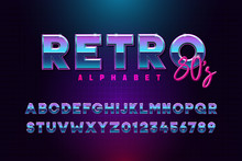 Retro Font Effect Based On The 80s. Vector Design 3d Text Elements Based On Retrowave, Synthwave Graphic Styles. Mettalic Alphabet Typeface In Different Blue And Purple Colors