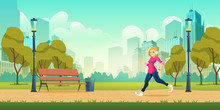 Healthy Lifestyle, Outdoor Physical Activity And Fitness In Modern Metropolis Cartoon Vector Concept With Happy Smiling Young Woman In Headphones Jogging, Running On Pathway In City Park Illustration