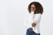 Oh god why me. Portrait tired exhausted emotive african-american curly-haired woman facepalming press palm face close eyes exhausted, look bothered annoyed dumb pick-up lines, white background