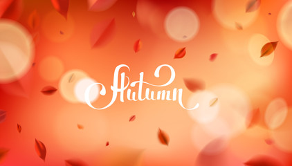 Fall background with blurred flying red leaves, autumn nature vector design