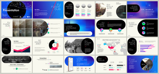 Presentation template, blue and black infographic elements on white background. Vector slide template for business project presentations and marketing.