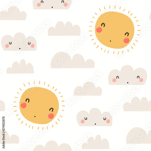 Hand drawn seamless vector pattern with cute sun, clouds, on a white backgrou...