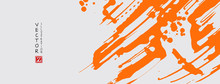 Orange Ink Brush Stroke On White Background. Japanese Style.