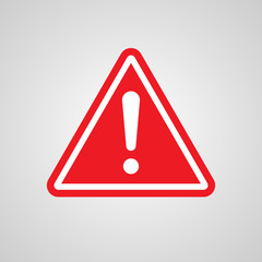 Rounded triangular hazard shape warning sign with exclamation mark symbol. Vector illustration of red icon on gray background.