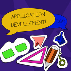 Word writing text Application Development. Business concept for process of creating computer phone programs Two Blank Colorful Speech Balloon and Different Labels Sticker Style Icons.