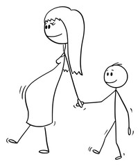 Sticker - Vector cartoon stick figure drawing conceptual illustration of pregnant woman or mom or mother together with small boy or son. They are walking and holding hands.