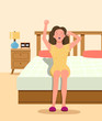 © lyudinka - Girl on the bed yawning and stretching.  Vector flat style illustration.