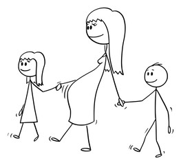 Wall Mural - Vector cartoon stick figure drawing conceptual illustration of pregnant woman or mom or mother together with small girl and boy or daughter and son. They are walking and holding hands.