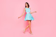Full length side profile body size photo beautiful she her lady going graduation college university school walking street wear high-heels colorful blue dress isolated pink bright vivid background