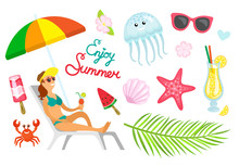 Enjoy Summer Person Relaxing With Cocktail Vector. Palm Tree Branch With Leaves, Beverage In Cup, Crab And Jellyfish, Sunglasses And Starfish Flat Style