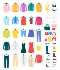 Wall Mural - Men and women clothes on hangers vector illustrations set