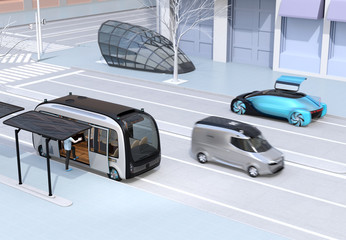 Scene of modern urban transportation style. Autonomous bus in bus stop. Electric minivan moving on the road. Subway entry near to the intersection. 3D rendering image.