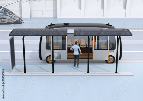 Side View Of A Man Get On A Autonomous Bus The Bus Stop Equipped With Solar Panels 3d Rendering Image Stock イラスト Adobe Stock