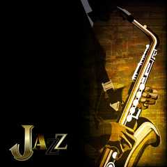 abstract music illustration with saxophone player on grunge background