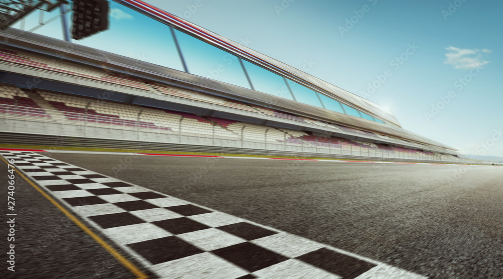 Wide angle view empty asphalt international race track with start and finish line , motion blur effect apply . - obrazy, fototapety, plakaty 