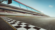 Wide Angle View Empty Asphalt International Race Track With Start And Finish Line , Motion Blur Effect Apply .