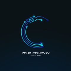 C letter initial futuristic abstract tech circuit board logo template