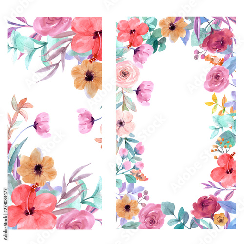 invitation frame set; flowers, leaves, watercolor, isolated on white. Sketche...
