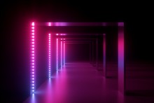 3d Render, Abstract Pink Blue Neon Background, Fashion Podium In Ultraviolet Light, Performance Stage Decoration, Illuminated Night Club Corridor With Square Arcade