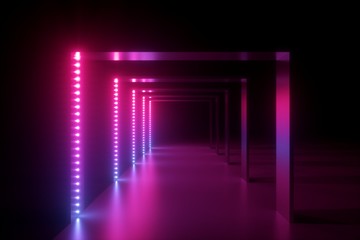 3d render, abstract pink blue neon background, fashion podium in ultraviolet light, performance stage decoration, illuminated night club corridor with square arcade