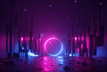 Wall Mural - 3d abstract neon background, cyber space virtual reality urban scene, glowing round shape portal at 
