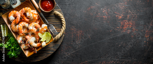 Fotografía Cooked shrimps in a tray on tray with parsley and tomato sauce.