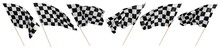 Set Collection Of Waving Black White Chequered Flag Wooden Stick Motorsport Sport And Racing Concept Isolated Background
