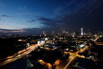 View of Kuala Lumpur Skyline from top of a building KL tower KLCC Tun Razak Exchange TRX