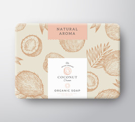 Wall Mural - coconut soap cardboard box. abstract vector wrapped paper container with label cover. packaging desi