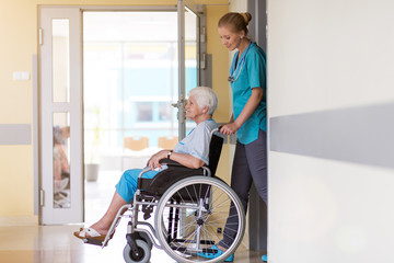 Poster - Senior woman in wheelchair with nurse in hospital