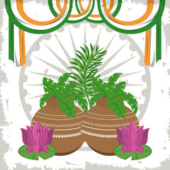 Sticker - India lotus flowers in pots with flags