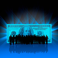 Wall Mural - silhouetteed team of business people over one hundred american dollar bill
