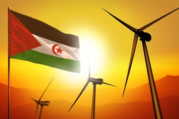 Western Sahara wind energy, alternative energy environment concept with wind turbines and flag on sunset industrial illustration - renewable alternative energy, 3D illustration