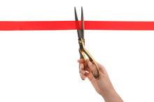 Woman Cutting Red Ribbon With Scissors On White Background. Traditional Ceremony