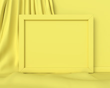 Yellow Frame Horizontal Mockup On A Yellow Fabric Background Abstract Image. Minimal Concept Art Business. 3D Render.