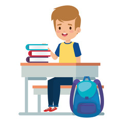 Sticker - student boy seated in school desk with books and bag