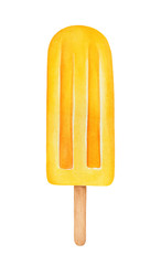 Bright yellow fruity popsicle on little wooden stick. Symbol of youth, happiness, childhood, yummy treat and summer. Handdrawn watercolour sketchy paint, cutout clip art element for design decoration.