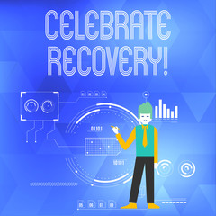 Wall Mural - Word writing text Celebrate Recovery. Business photo showcasing recovery program for anyone struggling with hurt or pain Man Standing Holding Pen Pointing to Chart Diagram with SEO Process Icons