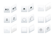 Isometric Switches And Sockets Set. All Types. AC Power Sockets Realistic Illustration